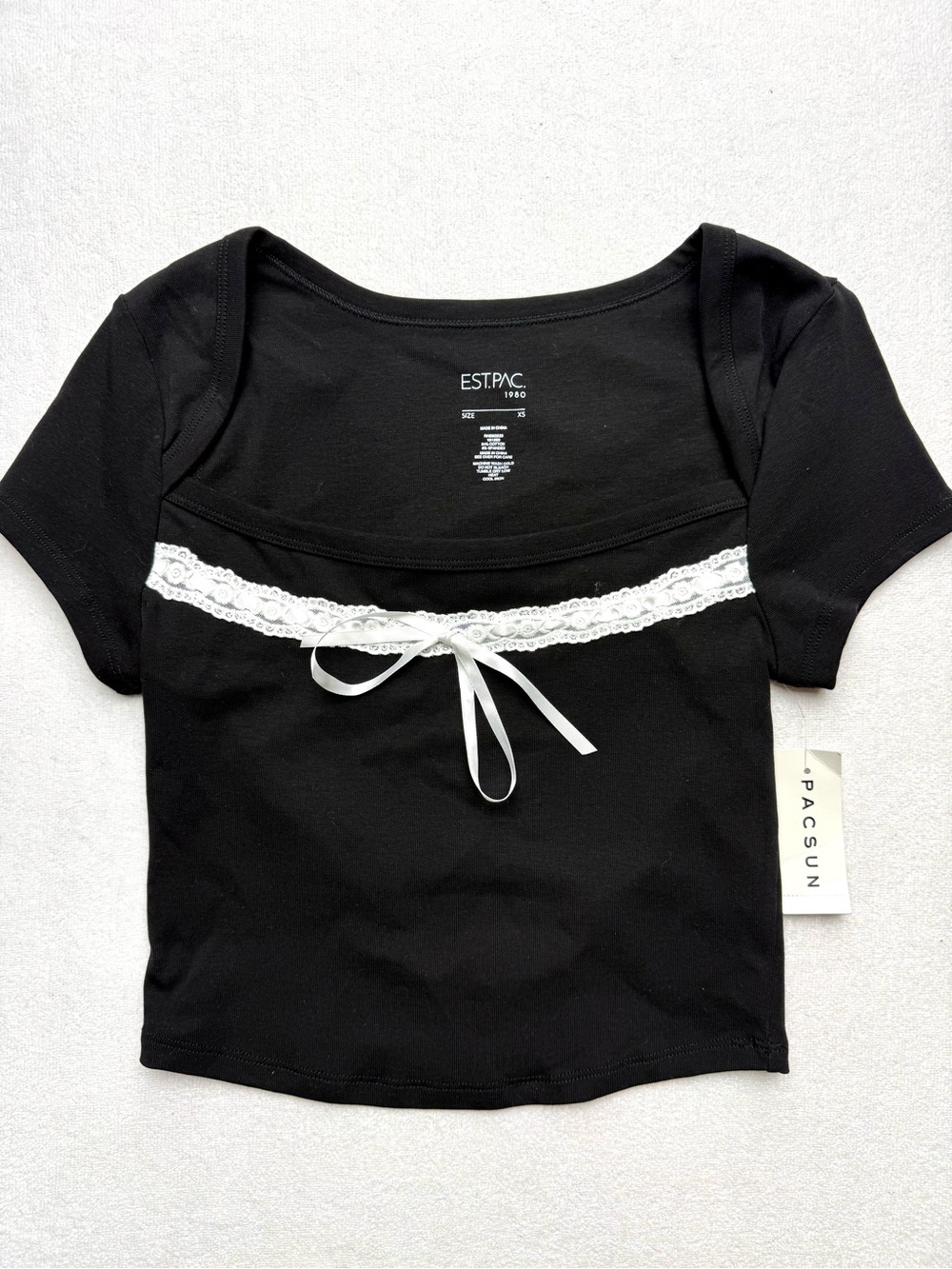 NWT PacSun Black Crop Top with White Lace Ribbon